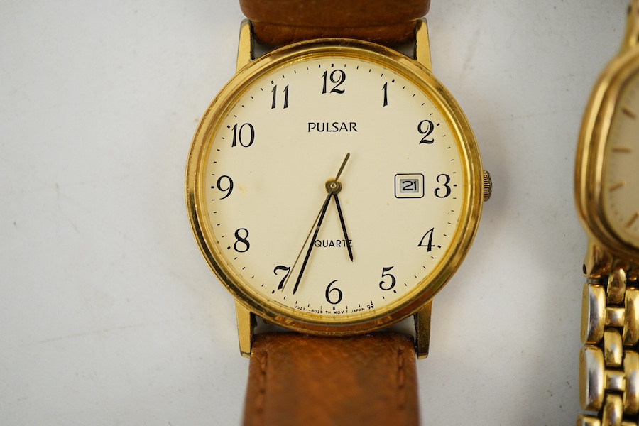 XX REMOVE ROLEX XX, A collection of watches and a bangle, comprising: two Seiko quartz watches; a manual winding watch by Larex; a quartz watch by Eterna; a quartz watch by Rotary; and a quartz watch by Pulsar; together